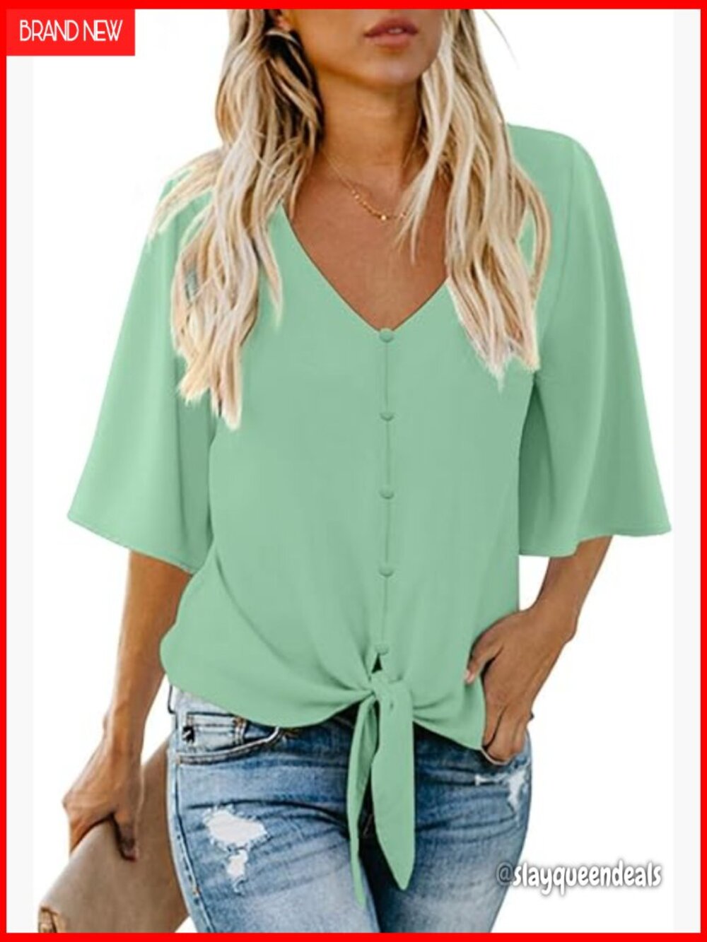 Casual V-Neck Batwing Sleeve Chiffon Blouse Tie Front Button Down